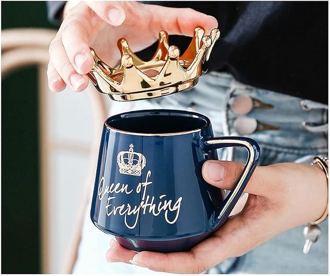 Arawat Queen of Everything Mug with Lid Cute Mugs with Crown Dark Blue Coffee Mug with Spoon & Coaster 12 oz Ceramic Tea Cup Birthday Gift for Women Girl Mom Friend Valentine's Day Gifts for Women Man - Image 3