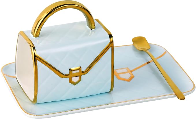 Purse Shaped Mug Set, 10 oz Ceramic Handbag Cup with Saucer & Spoon, Blue | Cute tea cup for women and men, with quilted details and gold-tone accents for espresso, office desks, home hosting and gifts by Fovima