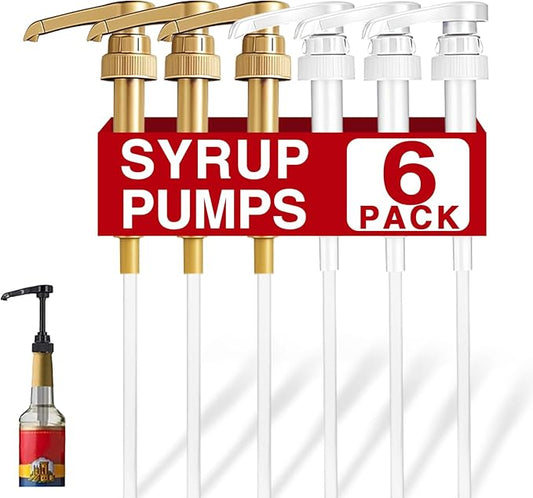 6 Pack Syrup Pumps Leak Proof Coffee Syrup Dispenser, Fits 25.4 Oz Coffee Flavoring Syrup Bottles, Great for Home & Coffee Bar Drinking Mixes, Cocktails, Beverage(Gold & White)