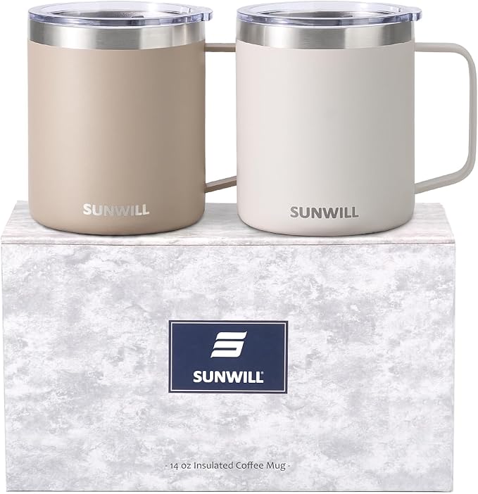 SUNWILL Travel Coffee Mug Set of 2, Insulated Tumbler with Lid, 14oz Stainless Steel Cup with Handle for Camping, Office, Home, Powder Coated Cream & Taupe by SUNWILL