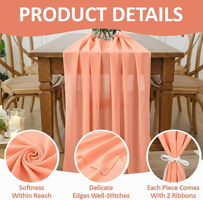 Pack of 10 | Peach | 10ft Chiffon Table Runner 29x120 Inches Long Romantic Rustic Sheer Gauze Runner for Wedding Bridal Shower Birthday Banquets Engagement Spring Easter Boho Decorations - Image 5