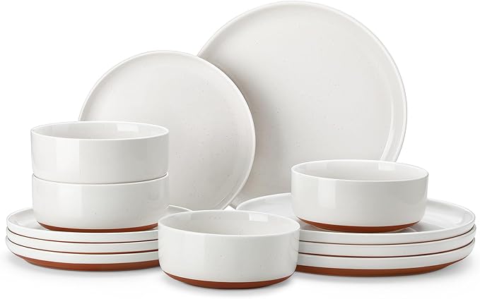 MALACASA Plates and Bowls Sets, 12 Pieces Modern Stoneware Dinnerware Set for 4 Kitchen Dinner Set Ceramic Dishware Dishes Set Microwave and Dishwasher Safe, White, Series TARA by MALACASA
