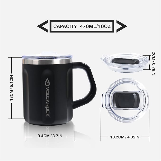 Stainless Steel Coffee Mug with Handle, 16 oz Double Wall Vacuum Insulated Travel Mug Tumbler With Slider Lid, Great Tea Mug for Men and Women (Black) - Image 8
