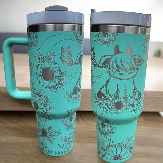 Tumbler, 40oz Tumbler, Western Tumbler, Engraved Cup with Handle, Cute Coffee Mug, 40oz Coffee Mug (Mint-Baby cow/Sunflower)