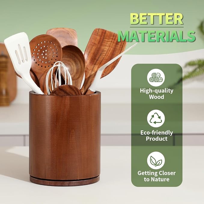 Walnut Utensil Holder, 360° Rotating 7.3 in Kitchen Organizer | Rustic farmhouse countertop decor. 360° rotating base holds spatulas, ladles, tongs, and cooking tools. Rich walnut finish - Image 5