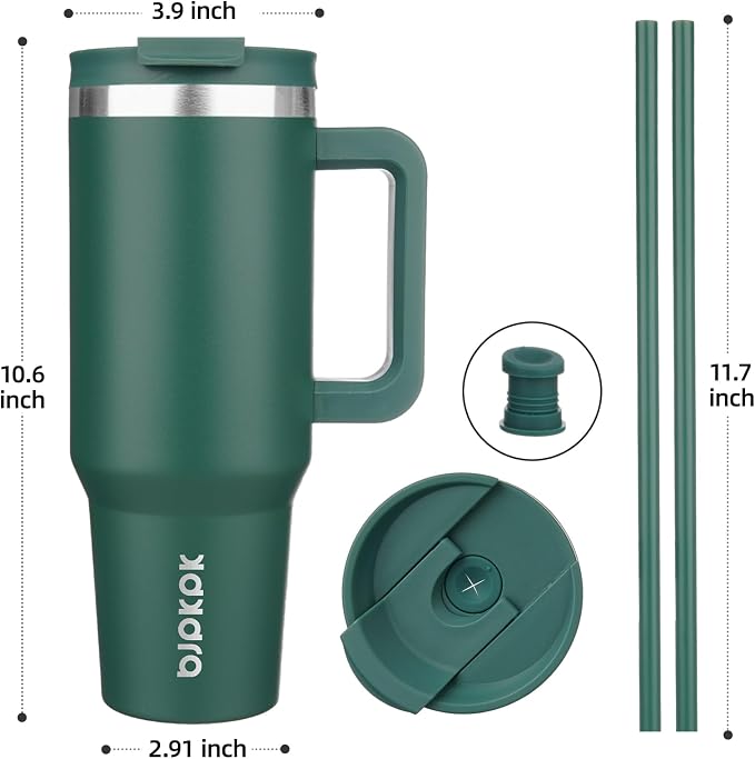 BJPKPK 40 oz Insulated Tumbler with Handle & Straw, Stainless Steel | Double Wall Vacuum Insulation, Leak Proof, BPA Free, Dishwasher Safe, Cupholder Friendly, Travel & Outdoor, Army Green - Image 3