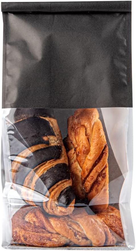 Bag Tek 5.1 x 4.1 x 11.2 Inch Tin Tie Bags With Windows, 100 Resealable Bakery Bags With Windows - Flat Bottom, For Cookies or Coffee Beans, Black Cotton Paper Tin Tie Bags - Restaurantware - Image 8