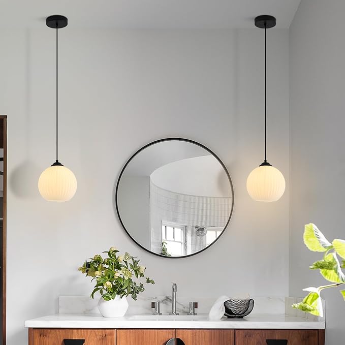 KCO Lighting Mid Century Modern Black 7.9” White Milk Glass Pendant Light | E26 Hardwired Adjustable Cord for Sloped Ceilings Farmhouse Vintage Ribbed Glass Hanging Light for kitchen island Dining Room - Image 6