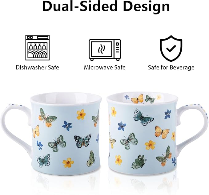 Colorful Butterfly & Floral Coffee Mug – 12 oz Premium New Bone China Blue Tea Cup, Elegant Ceramic Mug Gift for Women, Mom & Butterfly Lovers – Designed in England by Harvest Green Studio - Image 5