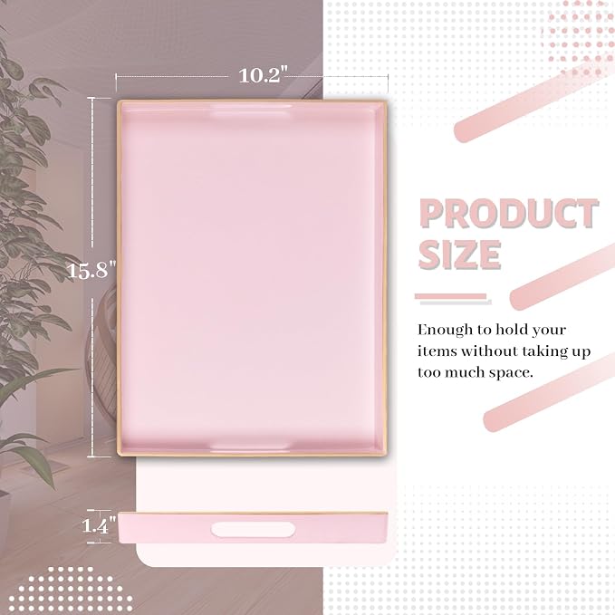 MAONAME Pink Decorative Tray for Coffee Table, Serving Tray with Handles | Plastic Melamine Tray, Modern Ottoman Tray, Rectangular Countertop Organizer Tray for Living Room, 15.8"L x 10.2"W x 1.4"H - Image 2