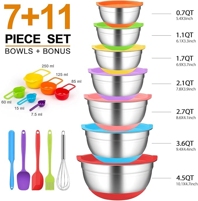 Mixing Bowls with Airtight Lids, 18pcs Stainless Steel Mixing Bowls Set | Nesting Non-slip Silicone Bowls Bottom, Size 4.5, 3.6, 2.7, 2.1, 1.7, 1.1, 0.7 qt, Fit for Mixing & Serving(Colorful ) - Image 4