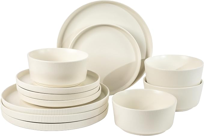 Gibson Home Dempsey Road 12-Piece Stoneware Dinnerware Set – Service for 4, Round White Plates and Bowls, Durable Solid Color Modern Embossed Dish Set, Microwave & Dishwasher Safe by GibsonHomewares