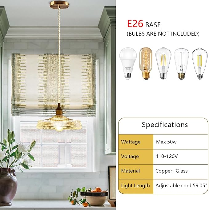 Sedelan Antique Pendant Light, Vintage Pendant Lighting, Glass Kitchen Pendant Lighting Over Island Hallway Bedroom Adjustable Hanging Light Fixture 59.05”, Copper E26, Switch Knob(Bulb Not Included) - Image 6