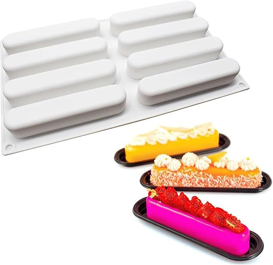 Ellipse Eclair Silicone Mold for Baking Mousse Cake, 3D Silicone Baking Mold for Cakes French Dessert Mold for Pastry Chocolate Brownie Molds, Cake Decoration, 3D Eclair Shape (8-Cavity)