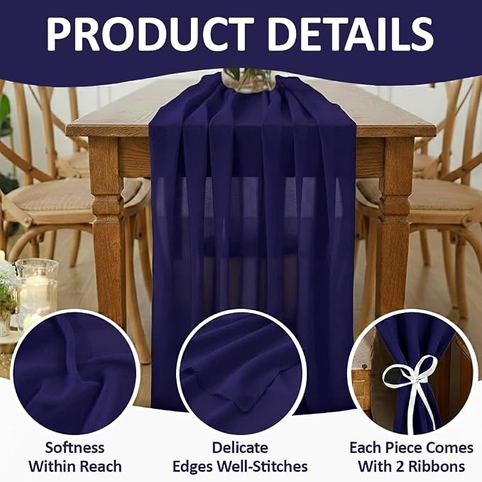 Pack of 2 | Navy Blue | 10ft Chiffon Table Runner 29x120 Inches Long Romantic Rustic Sheer Gauze Runner for Wedding Bridal Shower Birthday Banquets Engagement Spring Easter Boho Decorations - Image 5