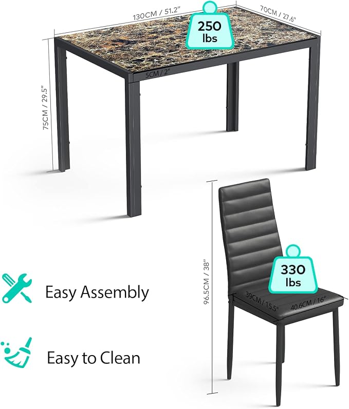 Gizoon Marble 7 Piece Glass Dining Table Set, Kitchen Table and Chairs Set | PU Leather Modern Dining Room Furniture,Dining Table Sets,Space Saving Table and Chairs Set for Home, Kitchen, Living Room - Image 2