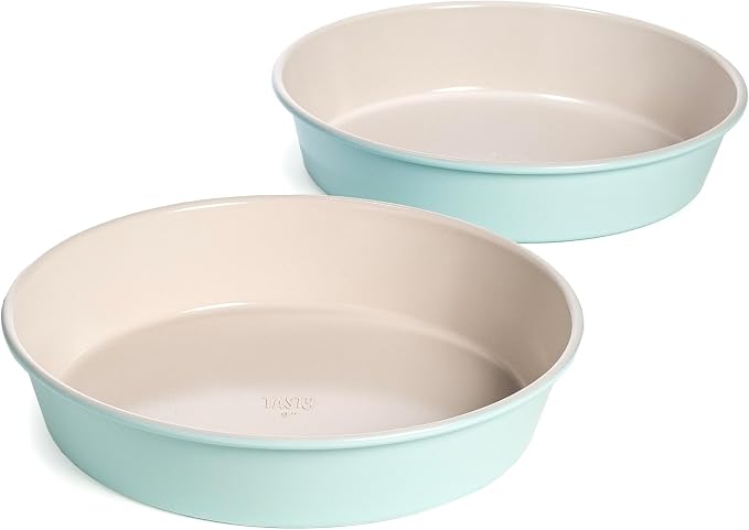 Tasty Clean Ceramic Round Cake Pans Set, 2-Pack of 9-Inch Cake Pans, Durable Aluminized Steel for Professional Results, Clean Ceramic Nonstick Coating, Oven Safe to 425°F, Dishwasher Safe, Aqua by Tasty