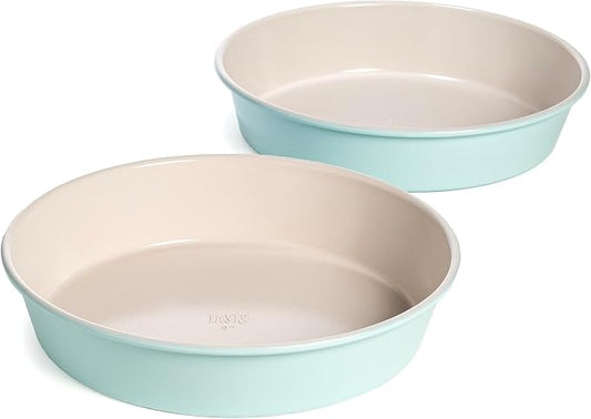 Tasty Clean Ceramic Round Cake Pans Set, 2-Pack of 9-Inch Cake Pans, Durable Aluminized Steel for Professional Results, Clean Ceramic Nonstick Coating, Oven Safe to 425°F, Dishwasher Safe, Aqua by Tasty