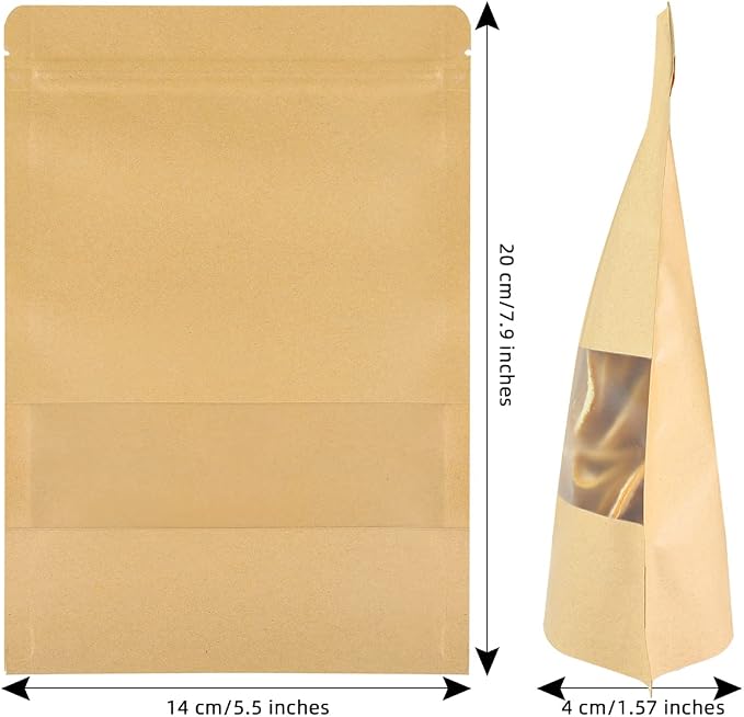 100 Pcs Kraft Stand Up Pouches 5.5 x 7.9 Inch Resealable Food Storage Bags with Matte Window for Packaging - Image 2