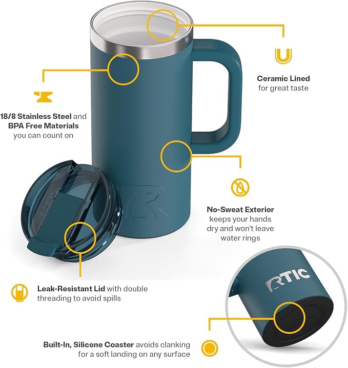 RTIC 16oz Road Trip Travel Mug with Lid and Handle, Ceramic Lined, Insulated, Stainless Steel, Metal, Double Wall Vacuum-Insulation, Portable Coffee, Tea Cup for Hot and Cold Drink, Marine - Image 3