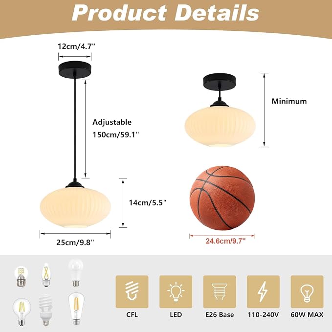 KCO Lighting Matte Black Lantern Pendant Light with 9.8” White Ribbed Glass | Adjustable Cord E26 Hardwired Mid Century Modern Farmhouse Hanging Light for Kitchen Island Dining Living Room Bar Bedroom - Image 2