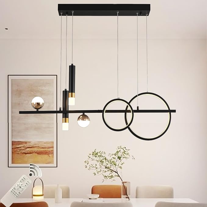 Siittoo Modern Linear Chandelier, Dimmable LED Pendant Light with Remote | 39.4" Black Gold Hanging Light Fixture, 48W Kitchen Island Pendant Lighting for Dining Room and Living Room by Siittoo