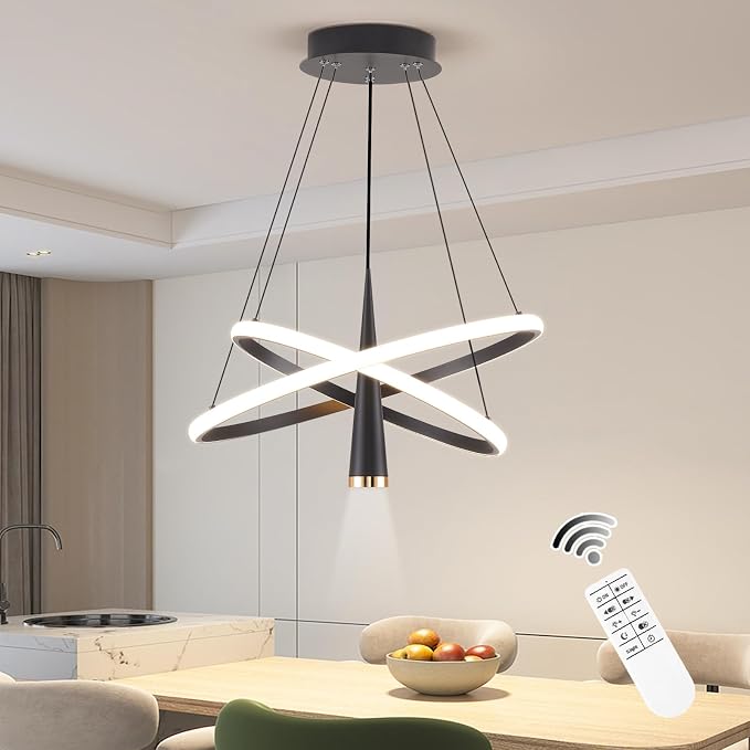 ORANOOR Modern LED Chandelier, Dimmable 20inch Black Kitchen Pendant Lights | Dining Room Light Fixtures Ceiling Hanging, 2 Ring Round LED Chandeliers for Bedroom Living Room Staircase Over Table, 3360lm - Image 2
