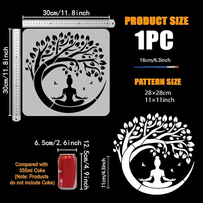 FINGERINSPIRE Tree of Life Stencil with a Paint Brush 11.8x11.8Inch Reusable Yoga Practitioner Stencil PET Birds Yoga Decoration Template Plant Theme Template for Wood Wall Floor Furniture - Image 2