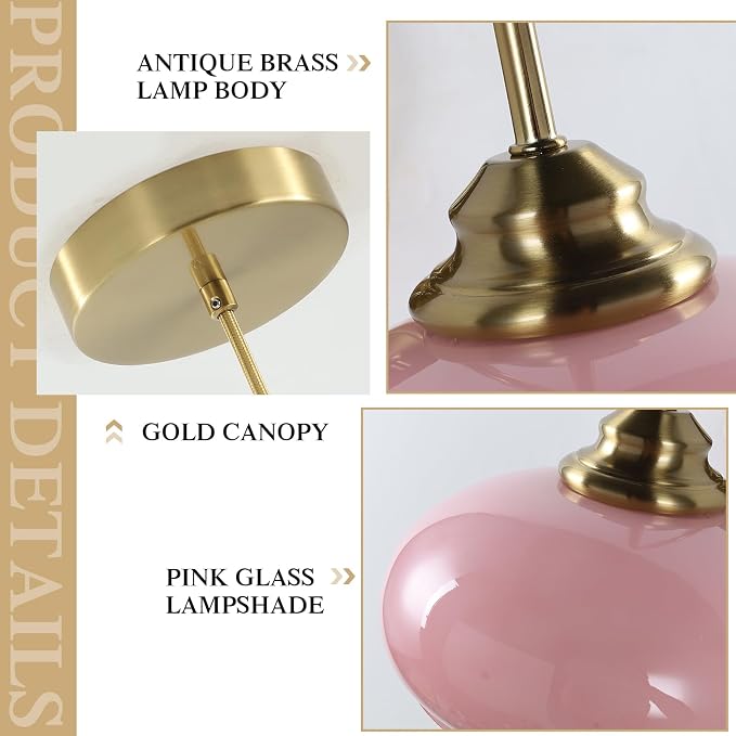 KCO Lighting Retro Pink Kitchen Pendant Light Mid Century Gold Hanging Light Vintage Dome Glass Pendant Light Small Globe Hanging Lights - Image 3