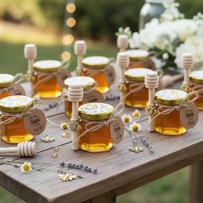 Adabocute Mini Honey Jars - Hexagon Little Glass Honey Jar with Gold Lids, Wooden Dippers, Bee Charms and Jutes - Small Honey Jars for Baby Showers, 20Pack - Image 3