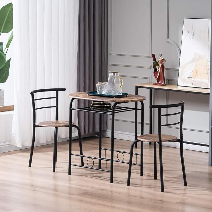 VINGLI 3 Piece Dining Set, Small Kitchen Table Set for 2, Breakfast Table Set, Kitchen Wooden Table with 2 Chairs for Small Space/Dining Room/Apartment, Metal Frame, Wine Rack, Burnt Brown - Image 2