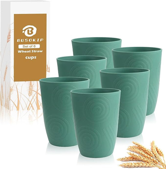 12oz Kitchen Cups - Wheat Straw Cups Set 6, Unbreakable & Lightweight Plastic Cups for Kids, Microwave & Dishwasher Safe Water Tumbler for Picnics, Camping, RV, Plastic Drinking Cups - Green by BUSOKIP