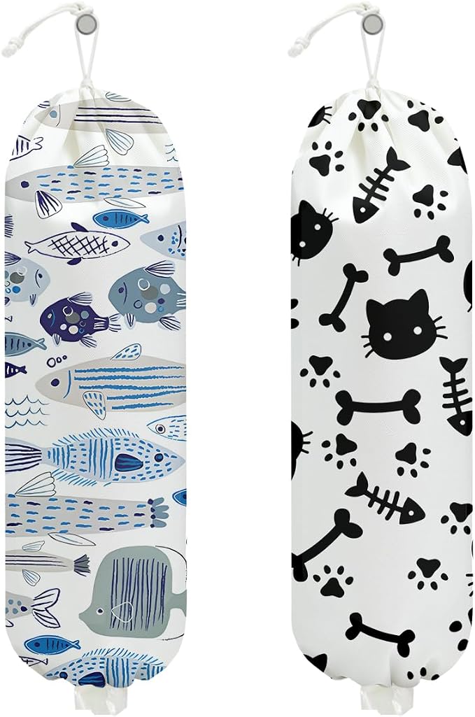 2Pcs Blue Fish Plastic Bag Holder, Cute Cat Grocery Bag Holder for Plastic Bags, Wall Mount Reusable Shopping Bags Storage Dispenser for Home Kitchen Pantry Farmhouse, Cat Lover Gifts for Women Mom by Unknown