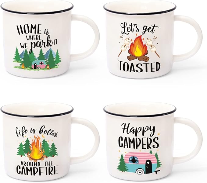 Nefelibata Camping Gifts Ceramic Coffee Mug Set of 4 Happy Campers Tea Cups | Travel Holiday Campfire Coffee Cup for Coffee, Tea & Hot Cocoa Outdoor Anniversary Wedding Christmas Camping Lover Gifts by Nefelibata