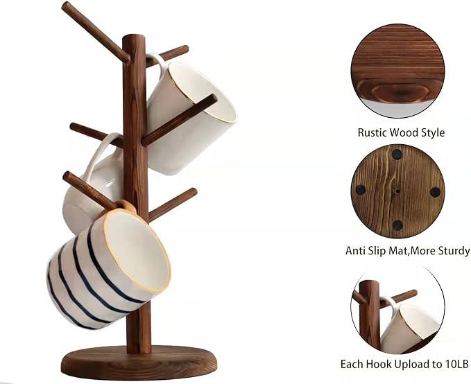 Dorhors Mug Holder Tree,Coffee Cup Holder,Mug Rack Stand Hook,Bar Organizer | Rustic Brown Wood Coffee Station Accessories 6 Hook,Coffee Shelf Decor for Kitchen Countertop,Counter Storage Display Mug,Cup - Image 4