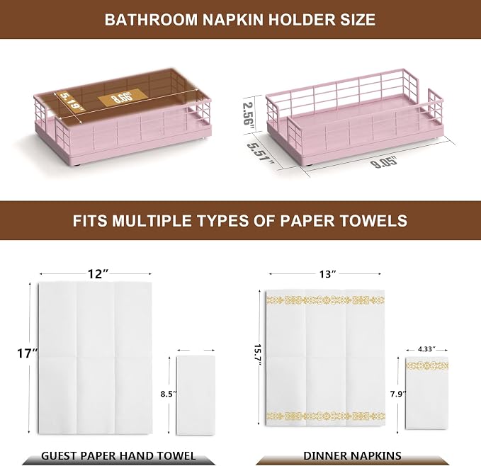 Wican Guest Towel Holder Tray for Bathroom, Oak and Iron Napkins Holder | Powder Room Dining Table Wooden Basket for Disposable Paper Hand Towels, Totally Pink - Image 6