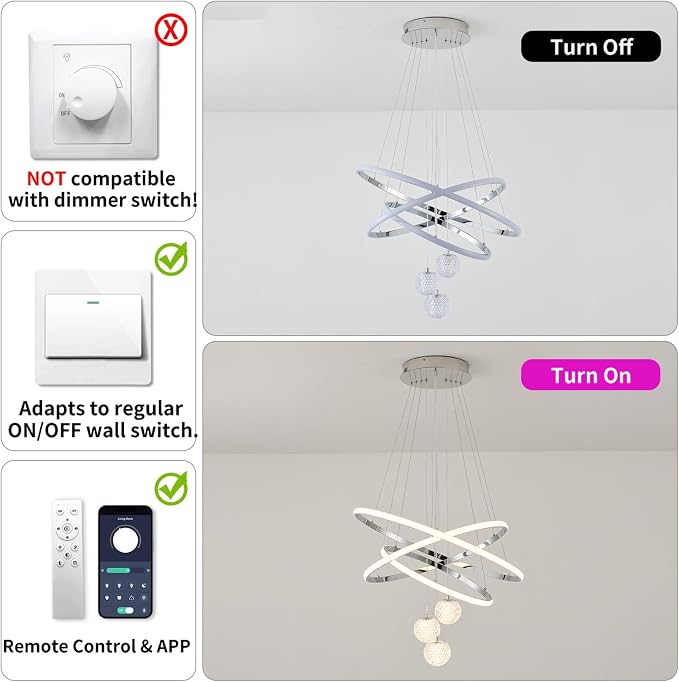 ORANOOR LED Modern 3 Ring Chandeliers, 24inch Dimmable Kitchen Pendant Lamp | Silver Dining Room Light Fixtures Ceiling Hanging Over Table, Globe Round Chandeliers for Living Room Dining Room, Chrome - Image 8