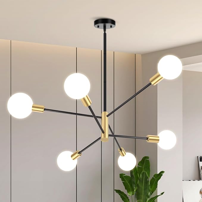CANMEIJIA Modern Sputnik Chandelier 6-Light, Mid Century Modern Industrial Black Gold Ceiling Light Fixture for Dining Room Kitchen Island Bedroom Living Room(Black and Gold) by CANMEIJIALighting