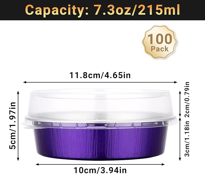 Beasea Mini Ramekins with Lids, 100 Pack 7.3oz Disposable Aluminum Tart Pie Baking Tins Pans, 4 Inch Small Individual Cheesecake Tart Containers Oven Baking Dishes for Party - Violet Purple - Image 2