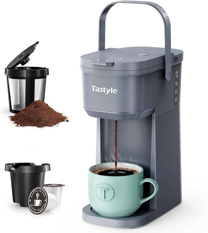 Tastyle Mini Single Serve Coffee Maker for K Cups and Grounds with Handle | for Travel, Camping, Office, RV and Dorm, Portable Handle, 6 to 12 Oz Brew Size, BPA Free, K302, Cool Gray by Tastyle