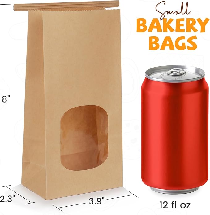 100 Pack Bakery Bags with Window, 3.9x2.3x8 Inches Tin Tie Tab Paper Cookie Bags Brown Small Gift Bag for Packaging Popcorn, Trail Mix, Treats, Snacks, Baked Goods, Party Favors | Grease Resistant - Image 2