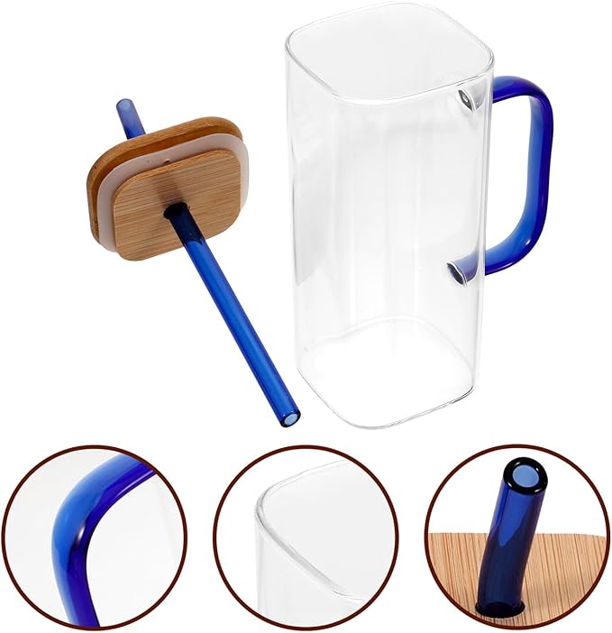 Luxshiny High Temperature Resistant Transparent Glass Cup with Lid and Straw Black Square Tumbler for Iced Coffee Juice Tea Milk Drinking Bottle with Handle for Students and Summer Use