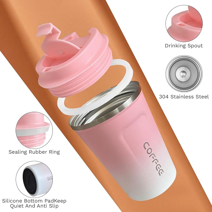 SPLMIFA Travel Coffee Mug Leak-Proof, Reusable Coffee Cups with Lids, Stainless Steel Vacuum Insulated Coffee Tumblers, Thermal Insulation Cup for Men and Women Hot & Cold Drinks(2nd-Pink White, 17OZ) - Image 3