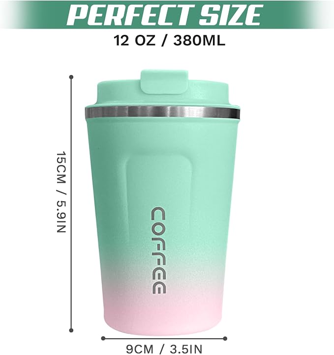 SPLMIFA Travel Coffee Mug Leak-Proof, Reusable Coffee Cups with Lids, Stainless Steel Vacuum Insulated Coffee Tumblers, Thermal Insulation Cup for Men and Women Hot & Cold Drinks(2nd-Green Pink, 12OZ) - Image 4