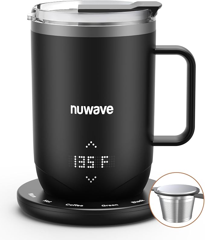 Nuwave Smart Heated Coffee Mug with Custom Brew Modes, Rechargeable, 16oz | Self Heating Temperature Control Mug with LED Display, Double-Wall Vacuum Insulation, 5-Hour Battery Life, Auto Shut-Off by NuWave