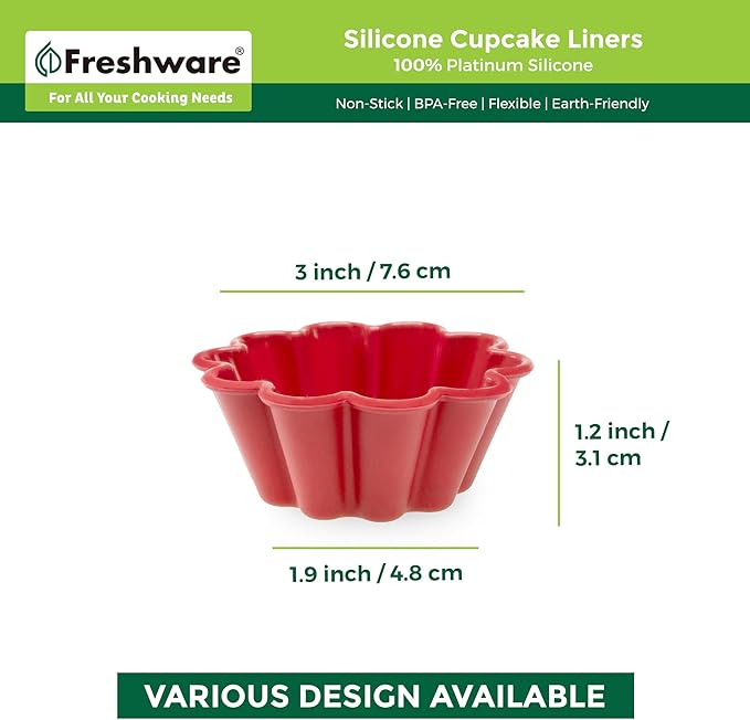 Freshware Cupcake Liners, Pack of 12 Silicone Muffin Cups, 3 Inch Baking Cups, Reusable & Non-stick Cupcake Liners for Party Halloween Christmas, Flower