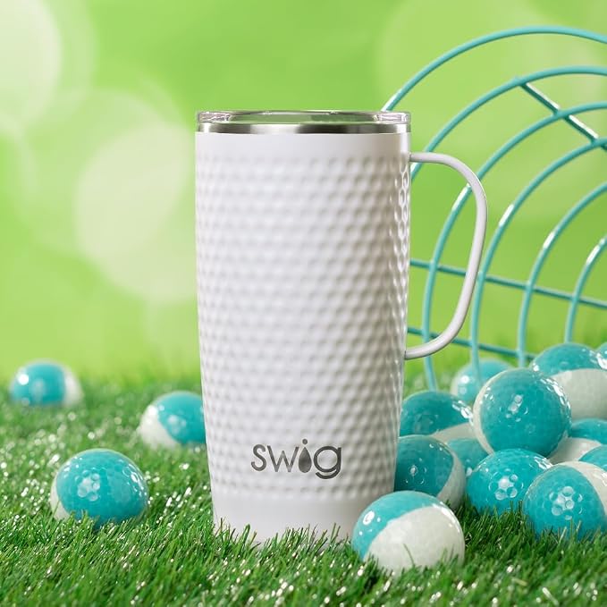 Swig Life 22oz Insulated Travel Mug with Handle & Lid, Golf Ball | Triple Insulated Stainless Steel - Handle & Lid Included - Keeps Coffee Hot or Cold - Cup Holder Friendly - Image 4