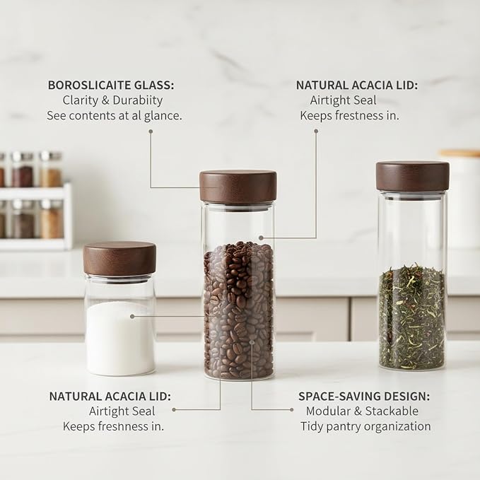 Glass Storage Jar with Acacia Wood Lid, Borosilicate Food Canister for Coffee Beans Tea Sugar Dry Pantry Staples (1 PC) - Image 4