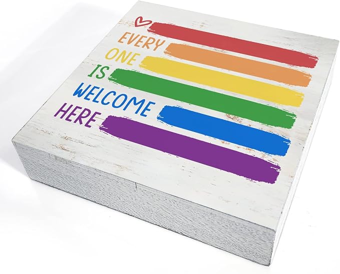 Every One is Welcome Here Wood Box Sign Decor Rustic Pride Rainbow Quote Wooden Box Sign Block Plaque for Wall Tabletop Desk Home Office Classroom Decoration 5" x 5" - Image 3