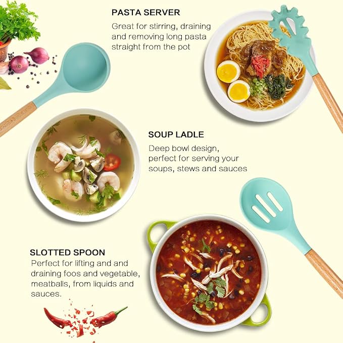 MIBOTE Silicone Cooking Kitchen Utensils Set, Wooden Handle, Teal | BPA-Free, Non-Toxic Silicone Turner, Tongs, Spatula, Spoon Set – Great for Nonstick Cookware, Heat-Resistant, Easy Clean - Image 6